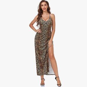 V Neck Spaghetti Straps Velvet Maxi Dress Backless Double High Slit, Small